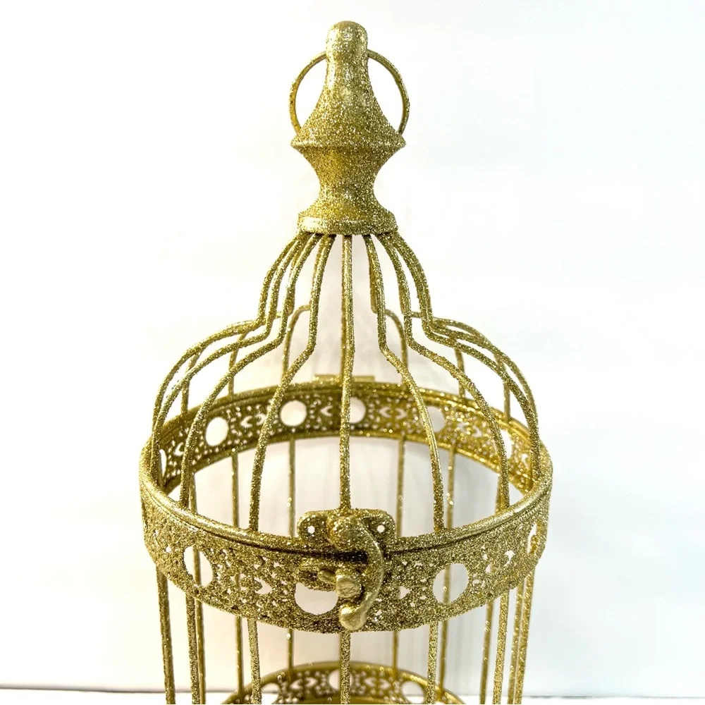 Gold Glitter Decorative Birdcage | Vintage Style Metal Home Decor Accent